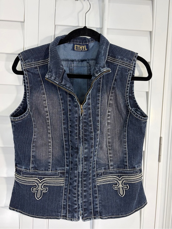 Ethyl Jackets & Blazers - ETHYL Vintage Denim Zip-Front Vest with Fleur de lis Embroidery (4)